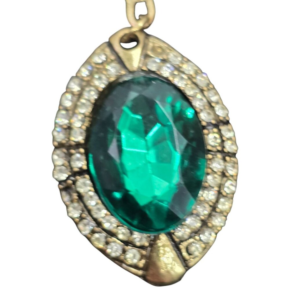 Vintage Gold-Tone Dangling Earrings With Emerald Green Rhinestones & Crystal Acc - Picture 4 of 8